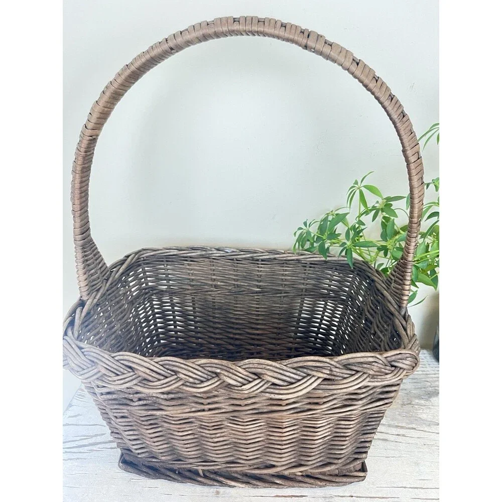 Vintage Rustic Mid Century Dark Brown Primitive Gathering Basket High Handle 18”